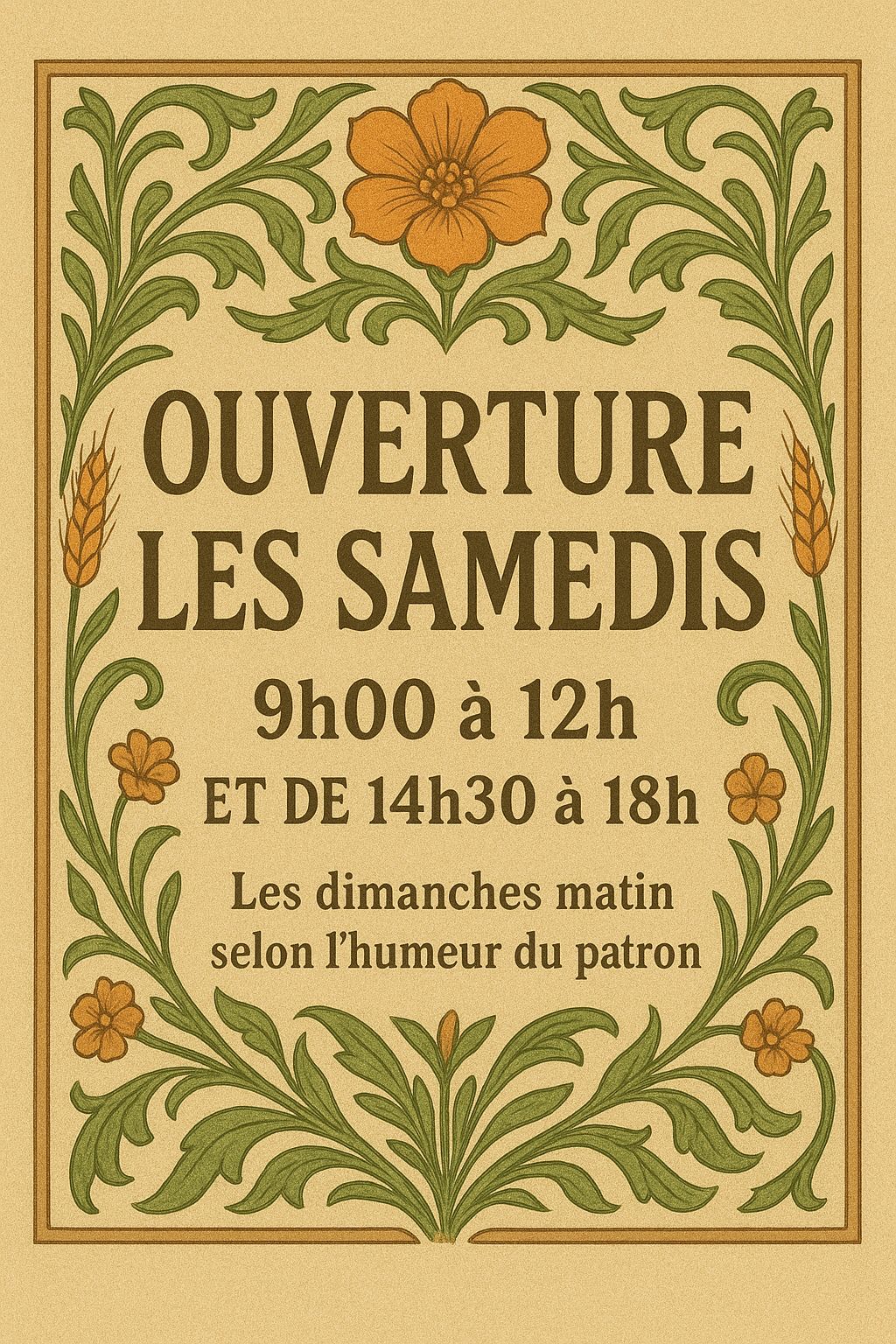 Ouverture les samedis de 9H à 12H et de 14H30 à 18H. Les dimanches matin selon l'humeur du patron.